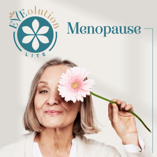 A photo of a woman holding a flower over her eye with the EVEolution Lite logo in the top left